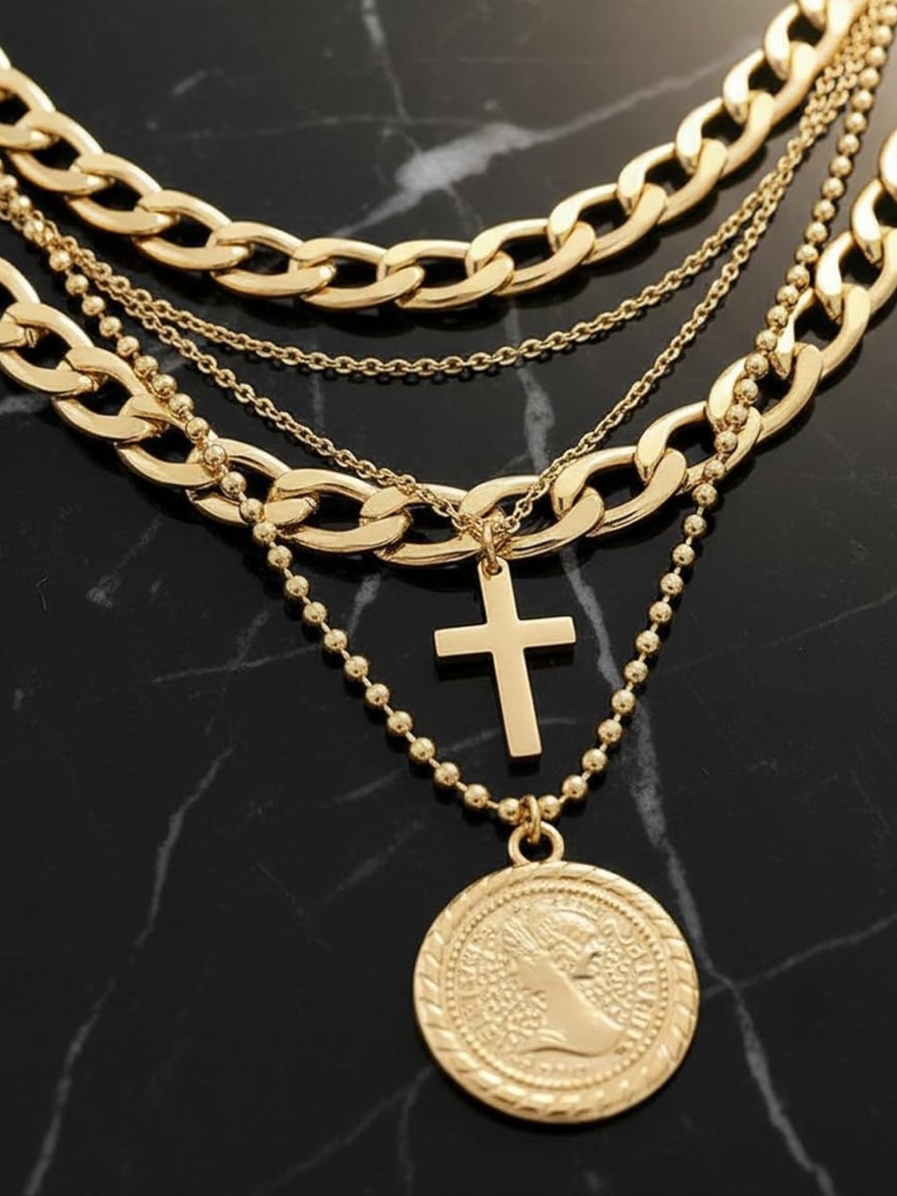 Anthropologie Multi-Layered Gold Cross and Coin Necklace